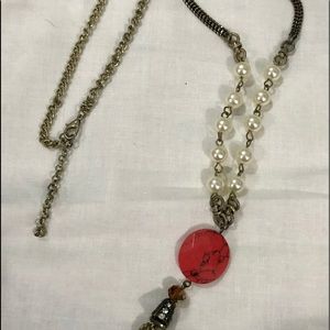 Red stone , faux pearl tassel necklace